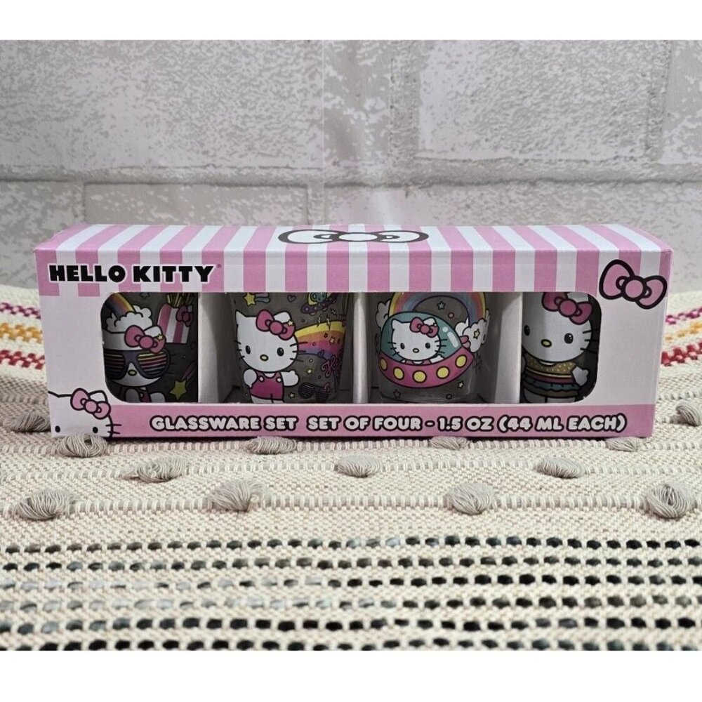Hello Kitty Pink Cosmic Rainbow Retro Glassware Set of Four Shot Glass 1.5 oz.